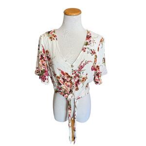 Womens Poly & Esther Floral Print Tie Front Boho Cropped Top - Sz L
